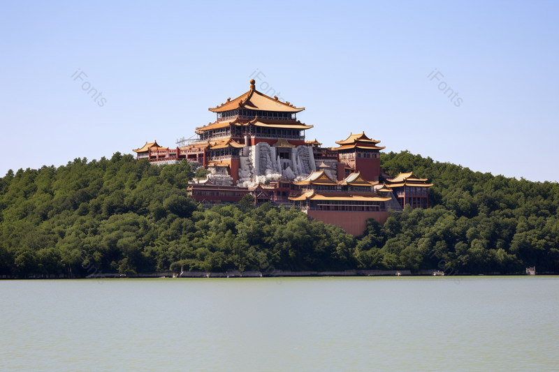 山坡上河岸边的金色琉璃瓦中国古代建筑,高清,摄影图,摄影图片,图片大全,摄影图免费下载
